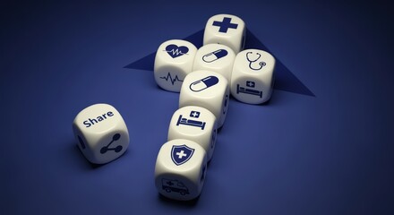 Healthcare Concept: Dice Displaying Medical Icons for Health Insurance, Wellness, and Sharing Information