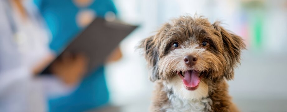 The happy dog awaiting its veterinary checkup in a bright clinic