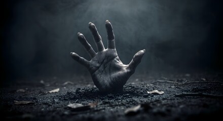 Zombie hand reaching out from his grave on Halloween night