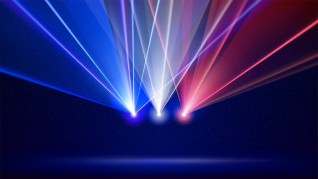 Laser france flag. French colorful laser light show on dark blue background. Banner, poster for the national holiday of France. 14 july bastille day. Vector template - Powered by Adobe