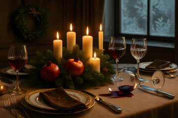 A grand dining table set for Christmas dinner. Gold-rimmed porcelain plates, crystal glasses half-filled with wine, and a centerpiece of fresh pine branches, white candles, and pomegranates. A natural