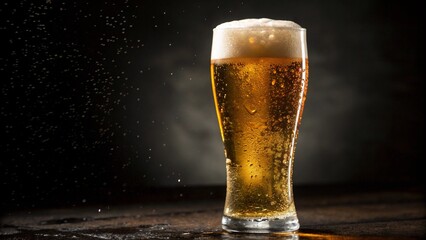 Glass of cold beer with foam on a dark background