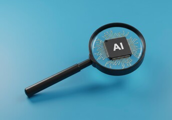 A magnifying glass focuses on an AI chip against a light blue background
