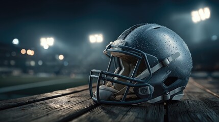 Night football helmet on weathered wood
