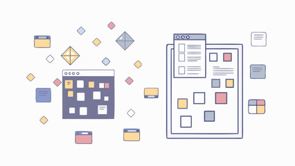 Illustration of two screens with notes and checklist surrounded by diamond shapes and sticky notes