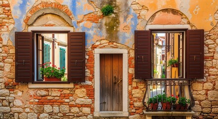 Charming old facade with wooden windows and doors in an italian village