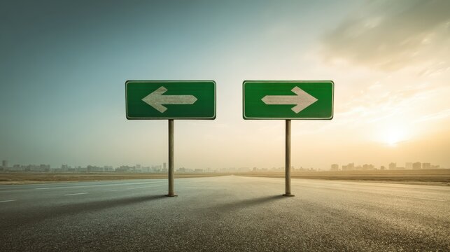 Crossroad concept with two direction signs pointing opposite ways under a sunny sky symbolizing choice