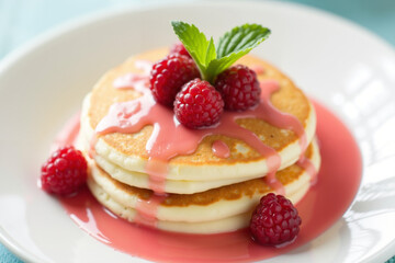Stack of pancakes topped with raspberries and pink syrup  