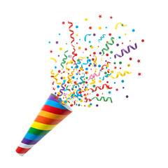 Rainbow striped party popper exploding with colorful confetti and streamers isolated on transparent background