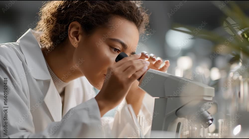 Poster scientist conducts research with microscope in laboratory setting during daytime hours