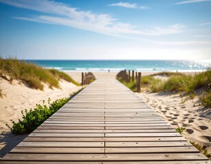 Fototapeta premium Wooden boardwalk leads to a sunny beach