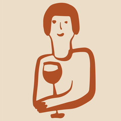 Wine. Winemaking Serving A glass and wine. People drink wine. Pleasure from life. Line art