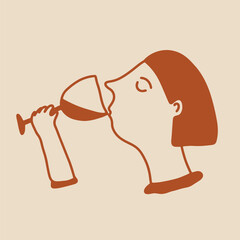 Wine. Winemaking Serving A glass and wine. People drink wine. Pleasure from life. Line art