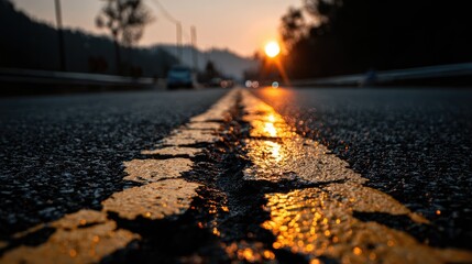 Road centerline at sunset.  Close-up view of asphalt and a yellow line, sun in the distance