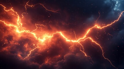 Fiery orange lightning bolts striking through dark stormy clouds.