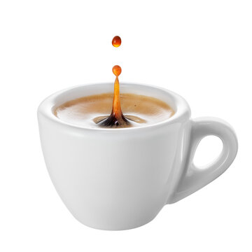 Coffee splash with drop inside small ceramic espresso cup isolated on white background