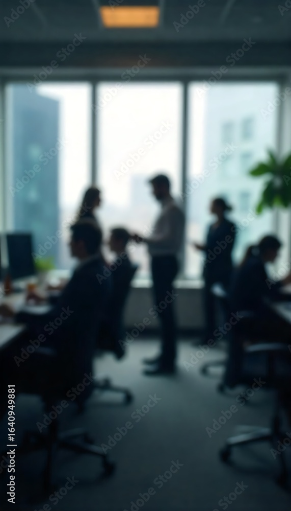 Poster generative ai image depicting indistinct figures in a modern office setting with natural light and