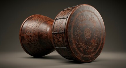 Brown carved drum on a gray surface