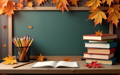 A rustic wooden desk with autumn leaves, pencils, ruler, and stacked books, symbolizing the back-to-school season with warm, inviting tones and a cozy learning atmosphere. High quality