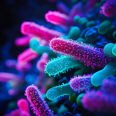 Naklejka premium Microscopic Close-Up of Colorful Bacteria or Microorganisms in Pink, Blue, and Green Neon Colors 