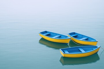 Naklejka premium Three Small Rowing Boats Floating on Calm Water, Featuring Blue and Yellow Colors with Soft Light