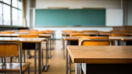 Empty Classroom with Desks and Chalkboard, Representing Education, Learning, and Academic Environment