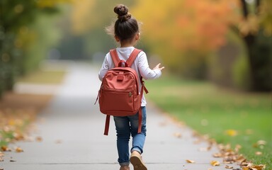 A child walks with a backpack, eager to embrace the back-to-school season in a modern style. High quality
