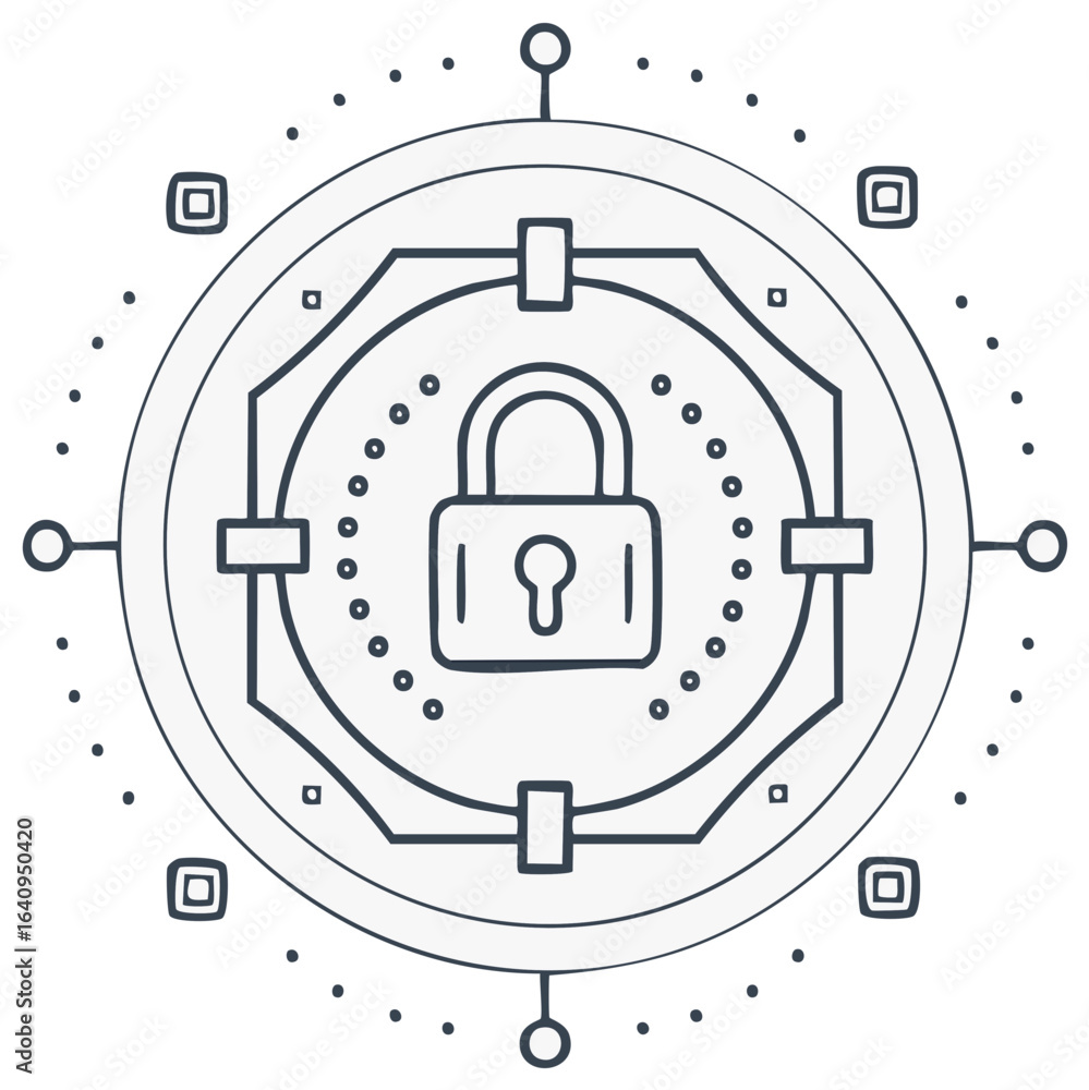Poster digital security concept open padlock icon symbol inside geometric network grid