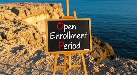 Easel with a Slate Displaying Text for Announcements, Placed on a Cliff Overlooking the Sea