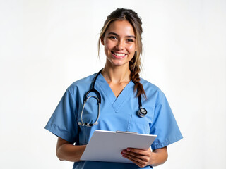A young caucasian woman in a blue medical uniform holds a clipboard and smiles, embodying the future of healthcare technology and the evolving role of professionals in caring for an aging population