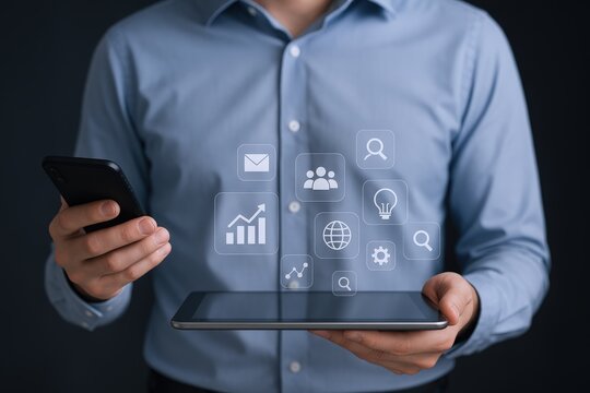 Digital Interface Management: Professional Man Holding Tablet and Smartphone Navigating Data Icons for Business Solutions