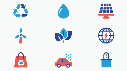 Collection of nine eco friendly and sustainability icons in blue and red color scheme displayed neatly