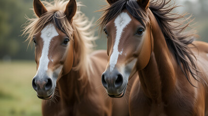 Obraz premium Two horse run free close up portrait