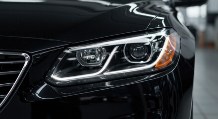 Closeup of the front of a black car focusing on its modern headlight and grille details