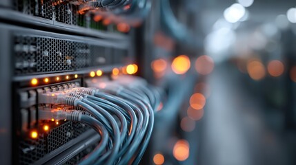 A close-up of network cables connected to a server, illuminated by glowing lights, showcasing a high-tech data center environment.