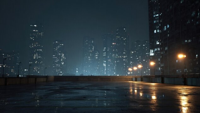 Empty rooftop parking lot at night in a misty city