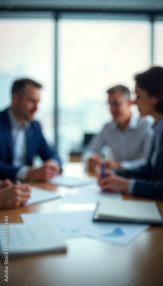 Poster generative ai image of an out-of-focus business meeting with people collaborating on a project in