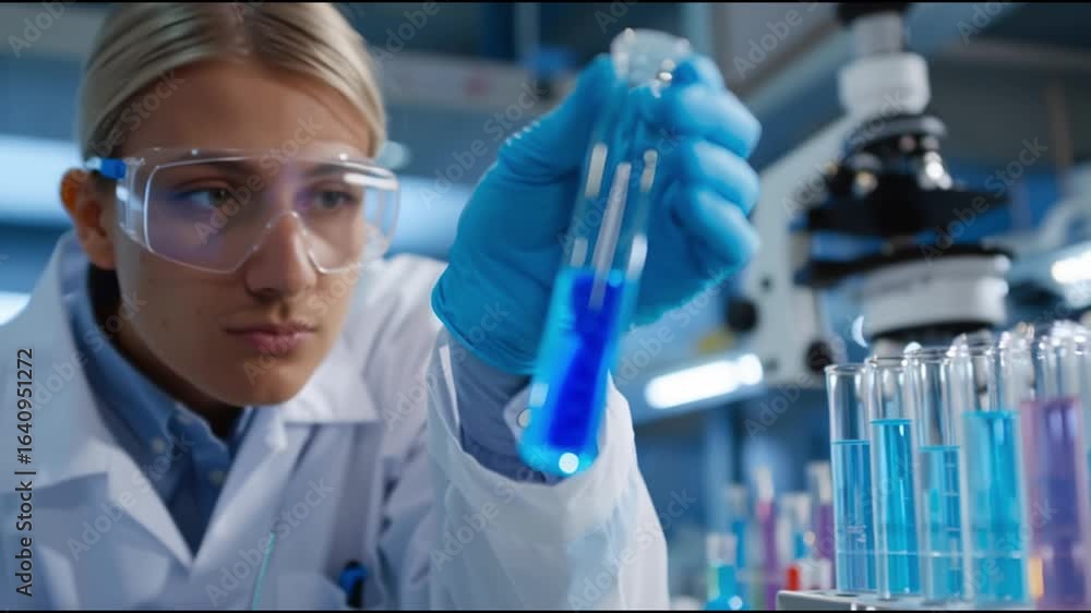 Poster scientist conducts experiment with colored liquids in laboratory setting during daytime