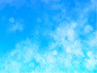 青空や海のようなイメージのグラデーション背景素材。手描きの水彩風テクスチャー。キラキラした光の粒子。水しぶき。スプラッシュ。もくもくした雲。爽やかな夏のイメージ