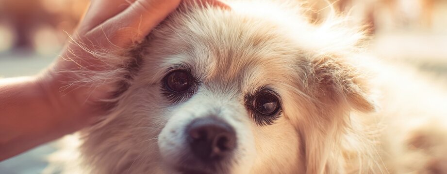 The affectionate moment shared between a person and a fluffy dog