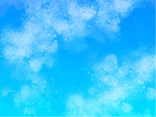 青空や海のようなイメージのグラデーション背景素材。手描きの水彩風テクスチャー。キラキラした光の粒子。水しぶき。スプラッシュ。もくもくした雲。爽やかな夏のイメージ