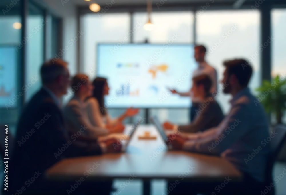 Poster generative ai image showing a blurred group in a meeting, a presentation on the screen
