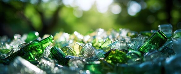 The sparkling collection of green glass bottles in natural sunlight