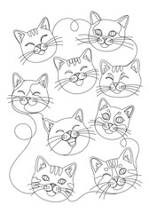 Cute cat faces illustrated in a playful line drawing style  