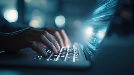 Hands Typing on Laptop Keyboard with Digital Data Stream Overlay for Business Technology