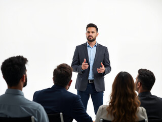 A group of diverse individuals attentively listening to a presentation by a young man in a suit, showcasing the intersection of aging population and technology in a professional setting