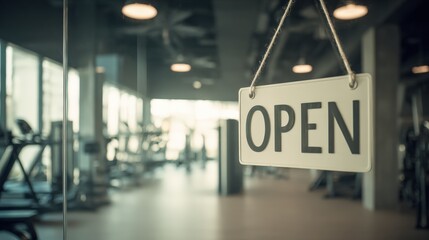 Fototapeta premium Open Sign Hanging at Gym Door: Fitness Center Reopening, Workout Equipment Background