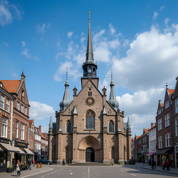 The Peperbus or Onze Lieve Vrouwetoren with Onze Lieve Vrouwebasiliek is a medieval cruciform church on the Ossenmarkt in Zwolle subordinate to St. Michael's Church. Zwolle skyline urban city center.