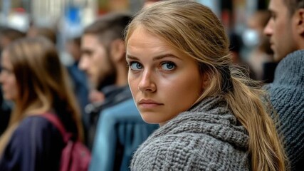 A woman wearing a scarf looks directly at the camera