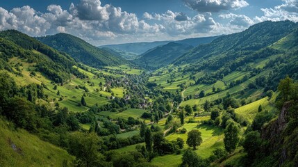 Lush valley nestled amidst rolling hills under a partly cloudy sky